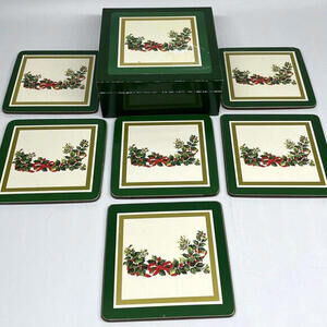Christmas Drink Coasters Wood Cork Set of 6 Wooden Storage Box Vintage‎